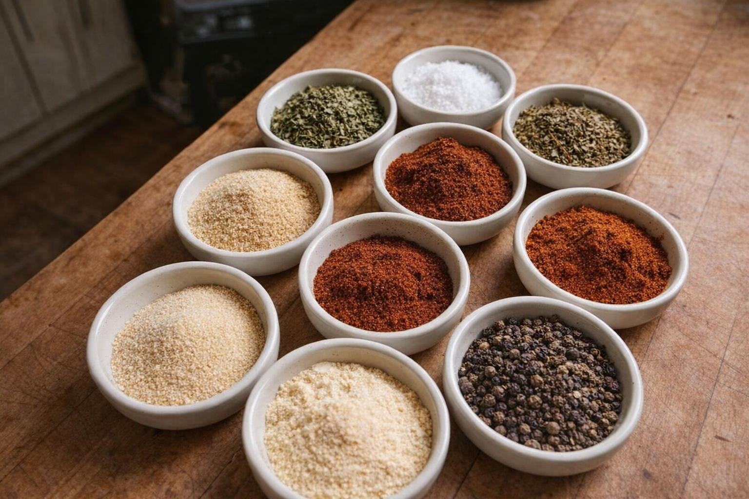 A top-down shot of all the individual spices and herbs required for Cajun seasoning, arranged in small bowls on a wooden surface, natural lighting